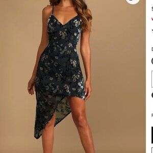 Dark Teal Floral Velvet Asymmetrical Dress XL